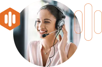 Woman smiling on a headset representing positive customer service. Orange and white company Convirza icons are placed nearby. 