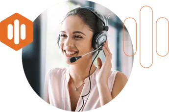 Woman smiling on a headset representing positive customer service. Orange and white company Convirza icons are placed nearby.