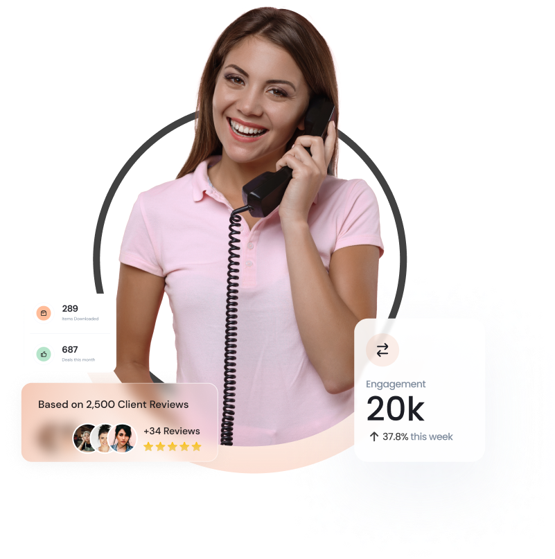 Smiling Woman representing positive customer service and graphics nearby representing call attribution.