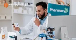 pharmacist answering a phone call in a pharmacy