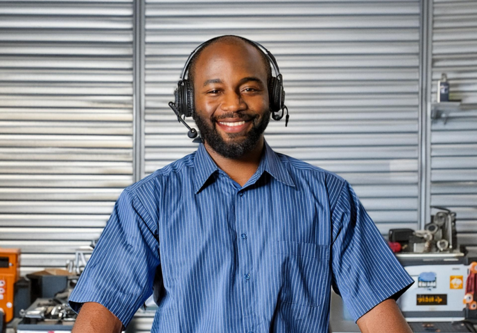 A person standing behind a service desk with a headset on.