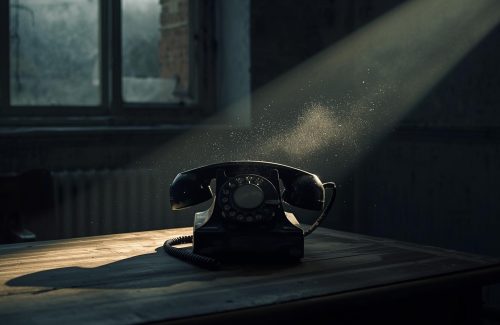 A ringing phone left on a desk while the office is empty — maybe the light is dim, suggesting neglect or lost opportunity.