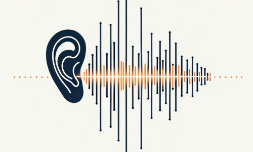 sound wave image transitioning into the shape of a person's ear on one end and a smartphone on the other end