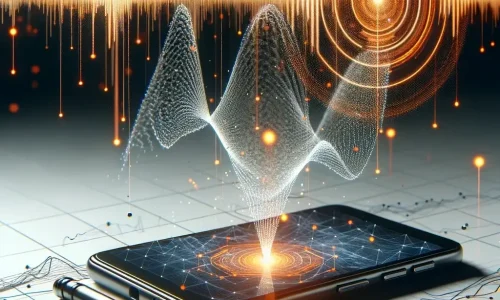 scientific-looking sound wave with data points and a smartphone, incorporating orange highlights - Conversation Intelligence for Marketing Client Relations