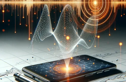 scientific-looking sound wave with data points and a smartphone, incorporating orange highlights - Conversation Intelligence for Marketing Client Relations
