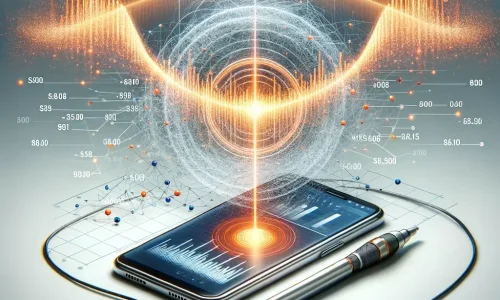 scientific-looking sound wave with data points and a phone, incorporating orange highlights - conversation intelligence marketing pitches