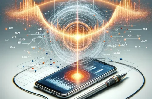 scientific-looking sound wave with data points and a phone, incorporating orange highlights - conversation intelligence marketing pitches