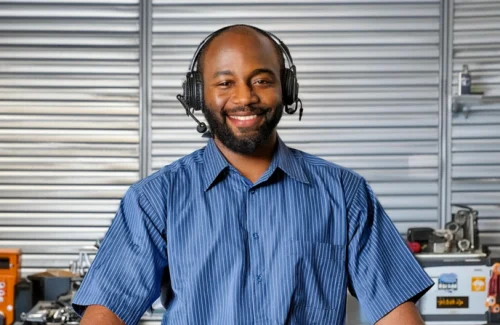 A person standing behind a service desk with a headset on.