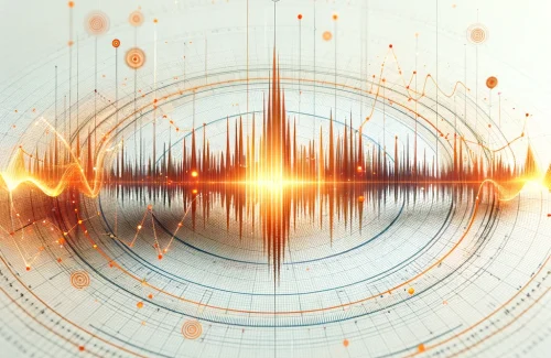 DALL·E 2024-02-15 13.36.26 - Create a clean and simple image of a sound wave, featuring orange accents and data points to represent the visualization of sound in a scientific or t