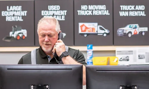 Man having a phone call in the equipment rental store