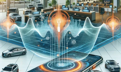 scientific-looking sound wave with data points and an automobile dealership setting