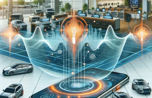 scientific-looking sound wave with data points and an automobile dealership setting