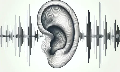 linear sound wave extending towards a detailed illustration of a human ear, all set against a crisp white background - call tracking for business success