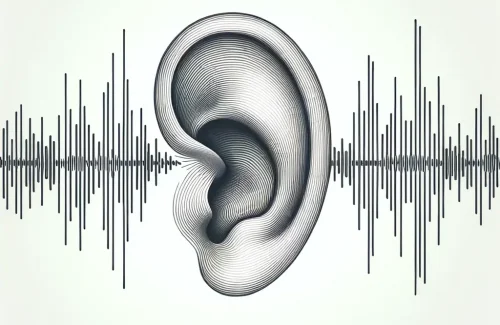 linear sound wave extending towards a detailed illustration of a human ear, all set against a crisp white background - call tracking for business success